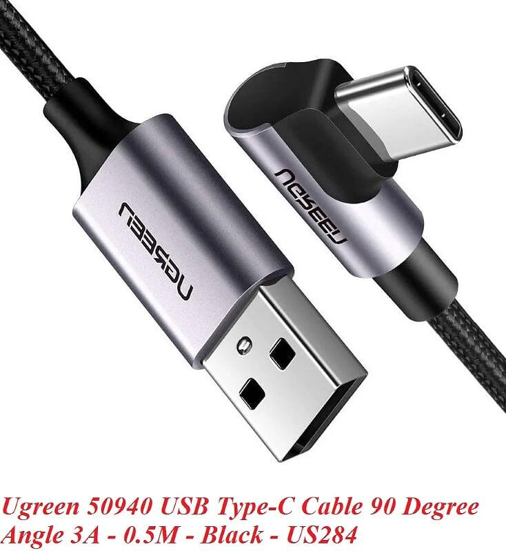 Ugreen UG50940US284TK 0.5M 3A màu đen USB Type-C cáp bẻ góc 90 độ - HÀNG CHÍNH HÃNG