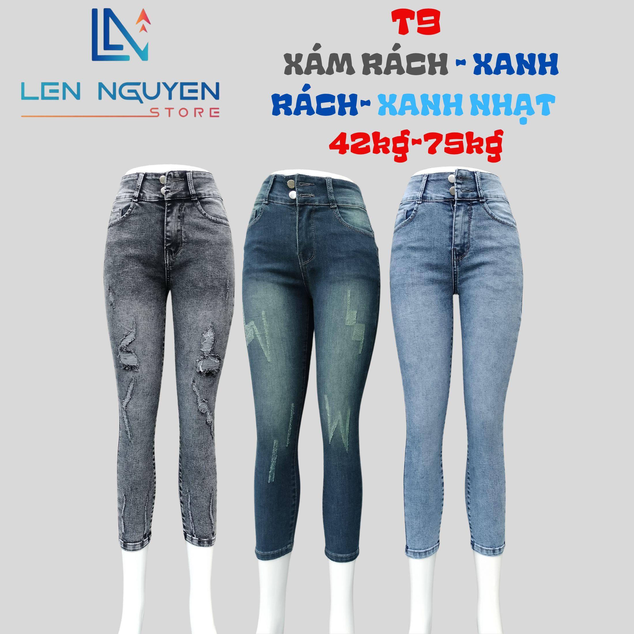T9_  Quần jean nữ, 9 tất, lưng cao, quần bò nữ dáng ôm, quần rin nữ có big size, cho 42kg đến 75kg - Xám Rách