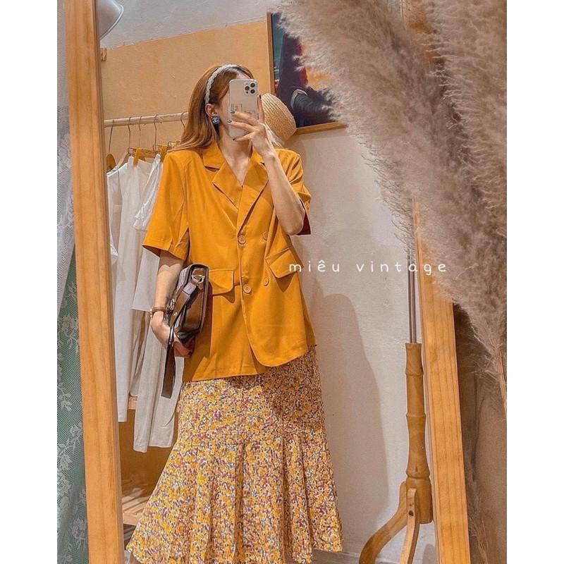 SET ÁO BLAZER VEST CỘC TAY VÀNG MIX VÁY HAI DÂY HOA NHÍ ĐUÔI CÁ SIÊU PHẨM XINH XẮN