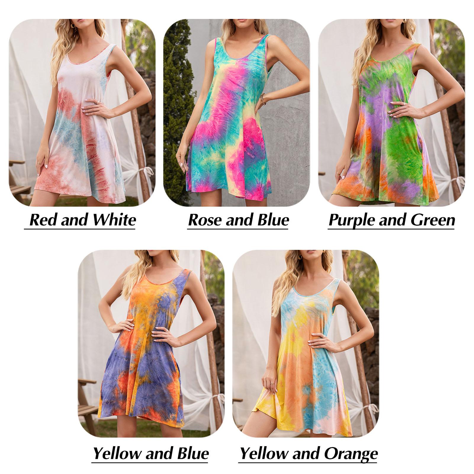 Women Mini Dress Tie Dye O Neck Sleeveless Side Pocket Casual Loose Tank Dress