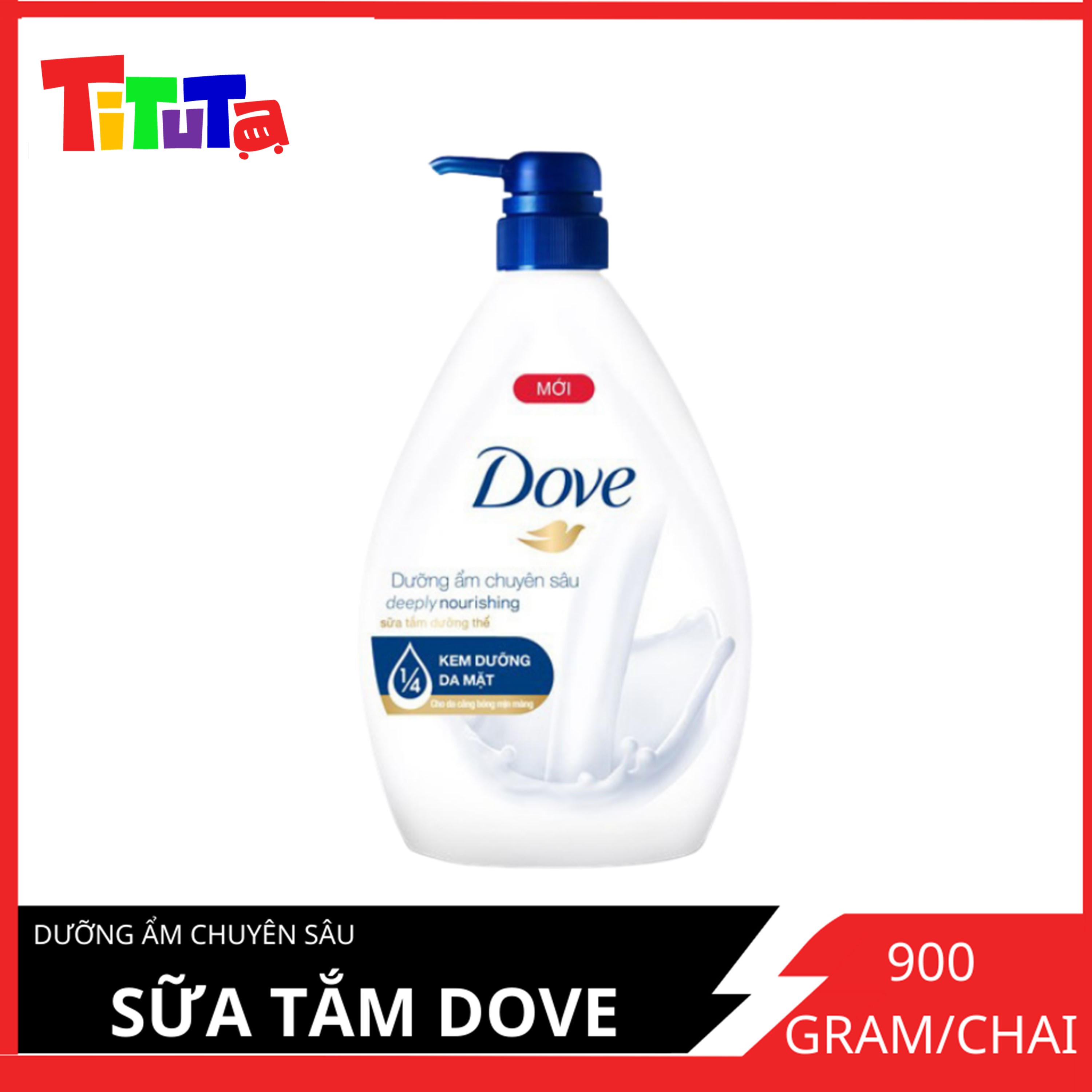 Sữa Tắm Dưỡng Thể Dove Dưỡng Ẩm Chuyên Sâu Deeply Nourishing Với 1/4 Kem Dưỡng Da Mặt 900G