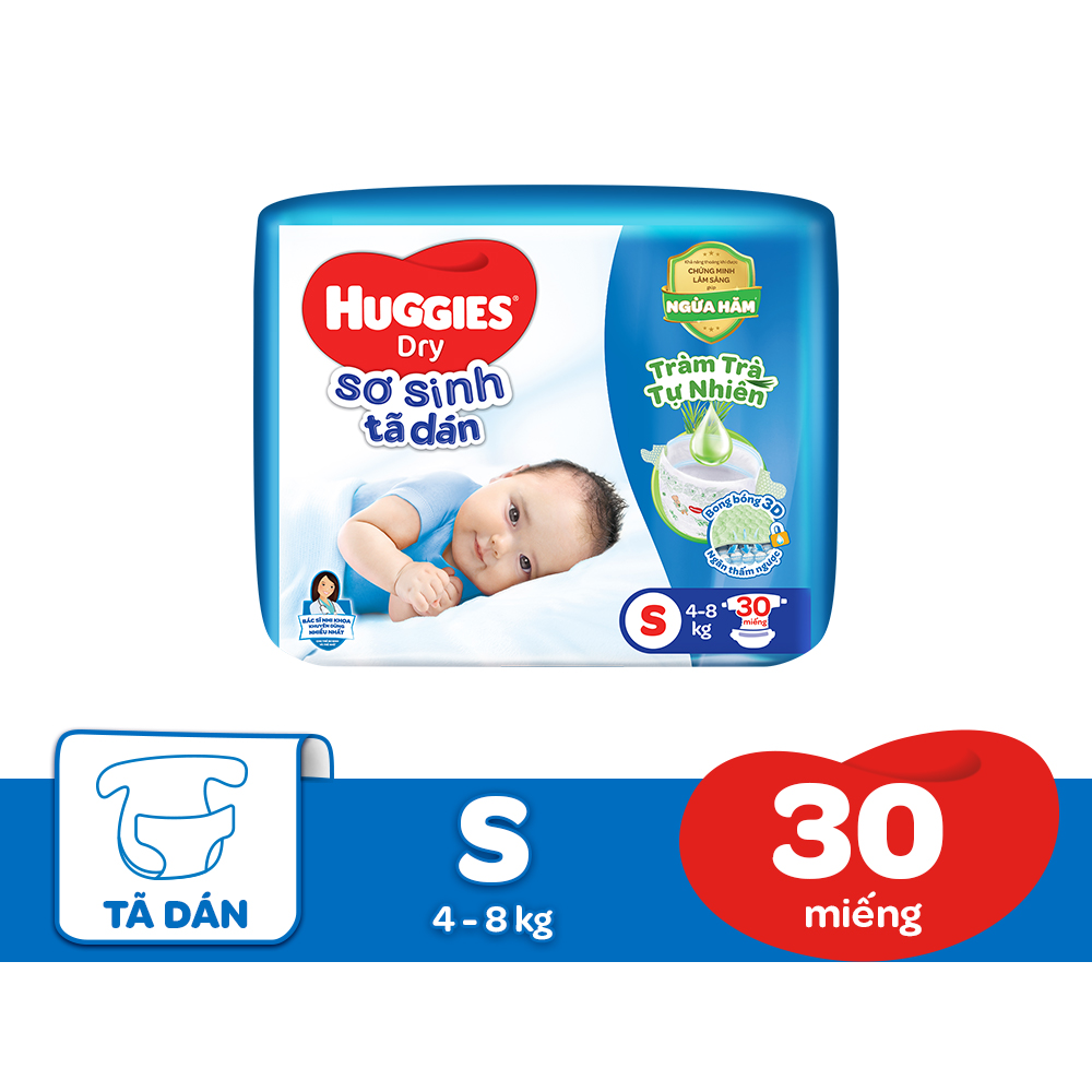 Tã dán sơ sinh Huggies S30 (4kg - 8kg) - Gói 30 miếng Tràm Trà