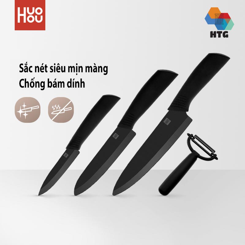 Bộ 4 dao nhiệt gốm Huohou HU0010 công nghệ nano chống dính, cắt lát thịt cá, trái cây, hoa quả, rau củ, hàng chính hãng