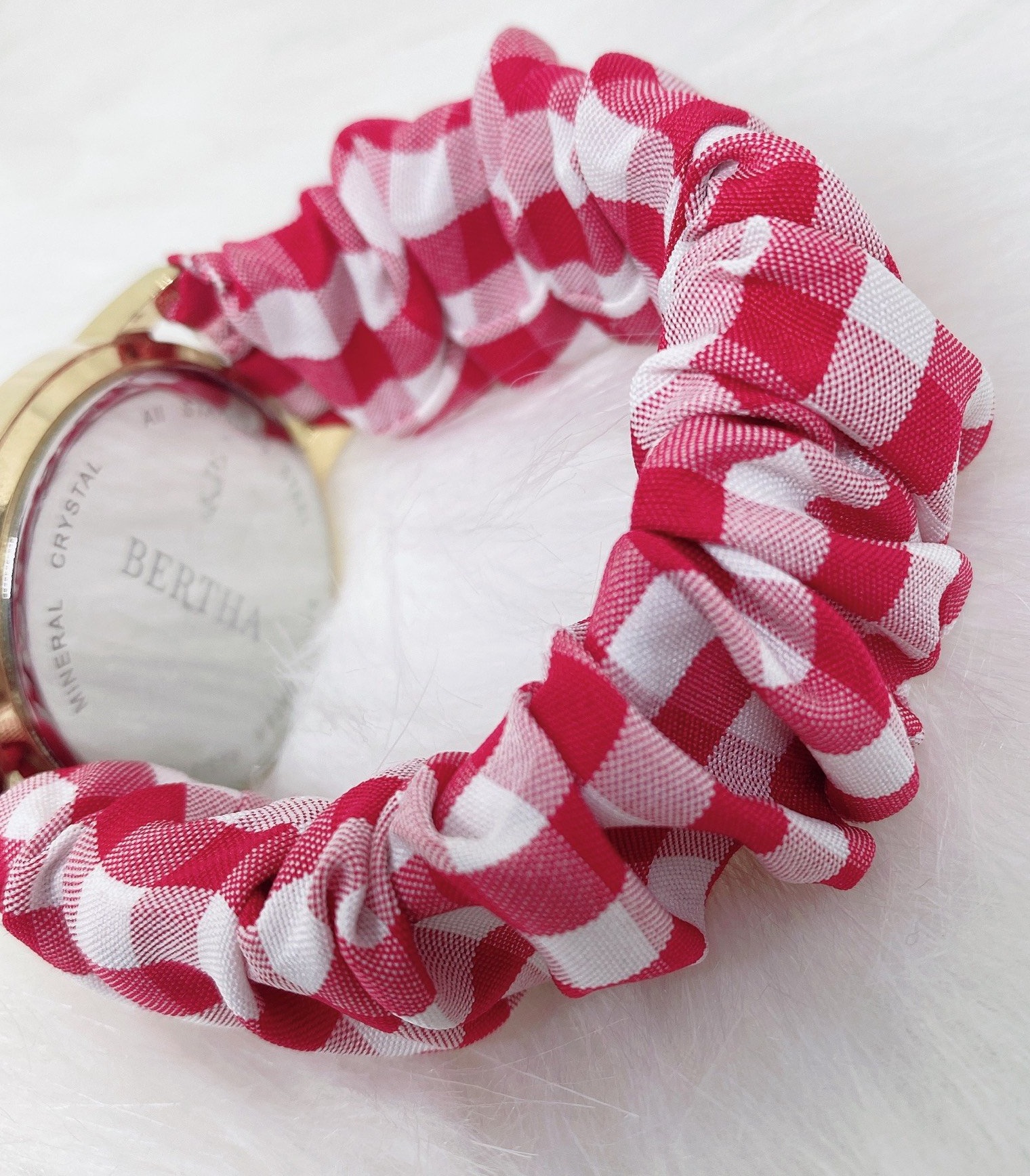 Dây đeo nữ Scrunchie vải kate sọc caro dây đeo đồng hồ kim, dây đeo đồng hồ Apple watch đáng yêu