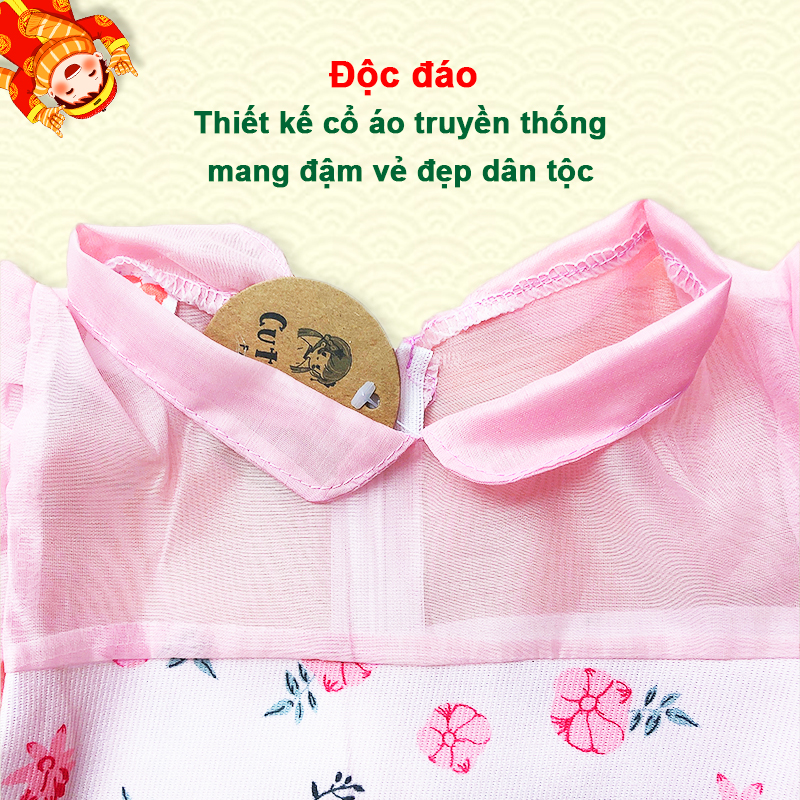 Áo dài bé gái 8-20kg chất tăm nhung cao cấp Baby-S, Áo dài cách tân cho bé họa tiết hoa nhí tay bồng xinh xắn – SAD007