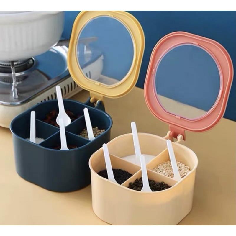 Hũ gia vị,hộp đựng gia vị 4 ngăn kèm thìa cao cấp