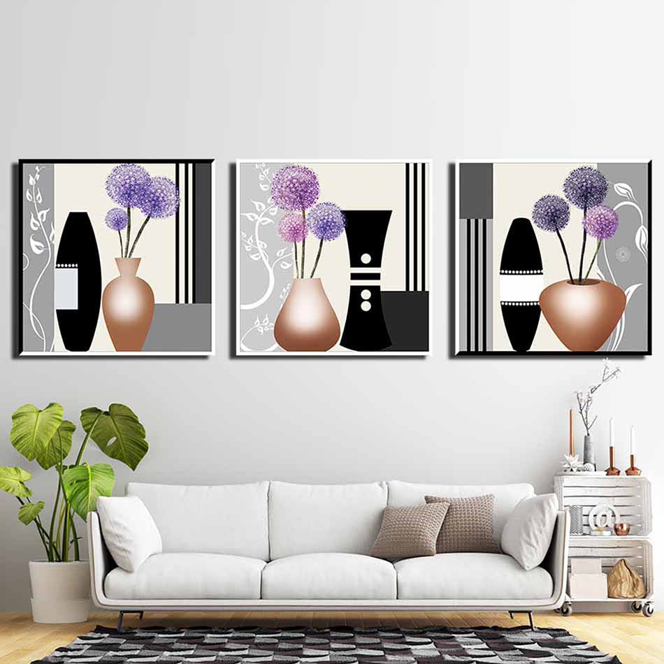 Bộ 3 tranh canvas decor bình hoa phong cách tượng hình đơn giản - DC012