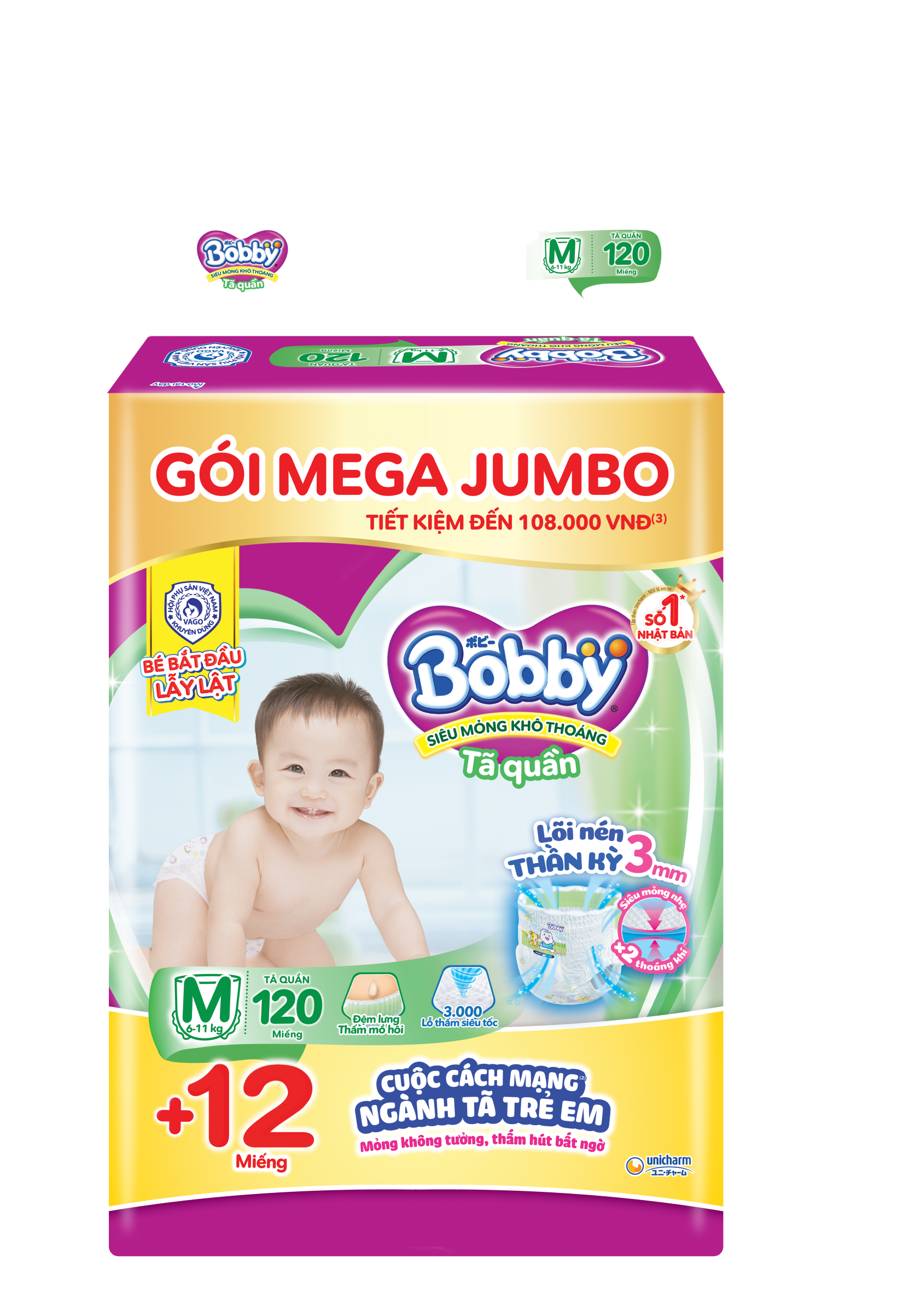 [Tặng 12 Miếng Thêm] Tã/Bỉm Quần Bobby Siêu Mỏng – Khô Thoáng Mega Jumbo M120 - Lõi Nén Thần Kỳ 3mm (6 - 11 kg)