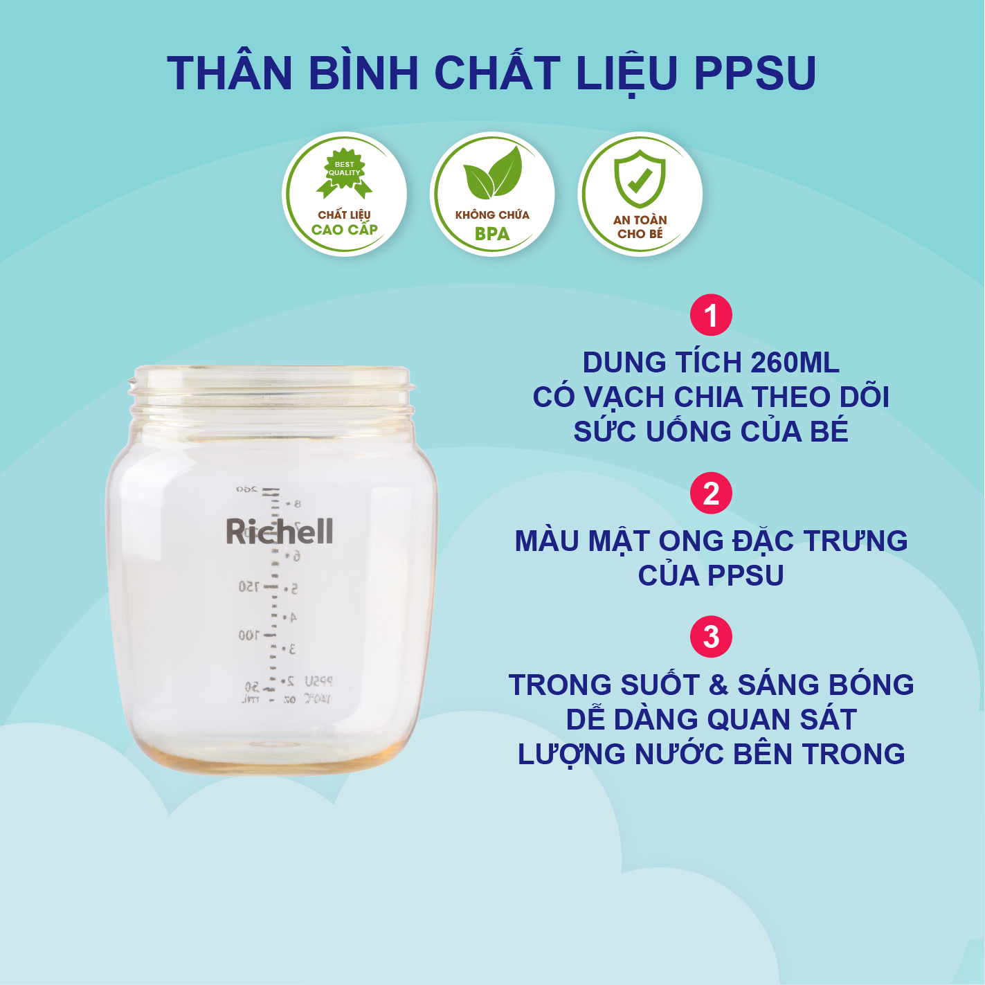 Bình tập hút có nút nhấn đẩy nước RICHELL Nhật chất liệu PPSU 2in1 tập hút & tự hút | Baby