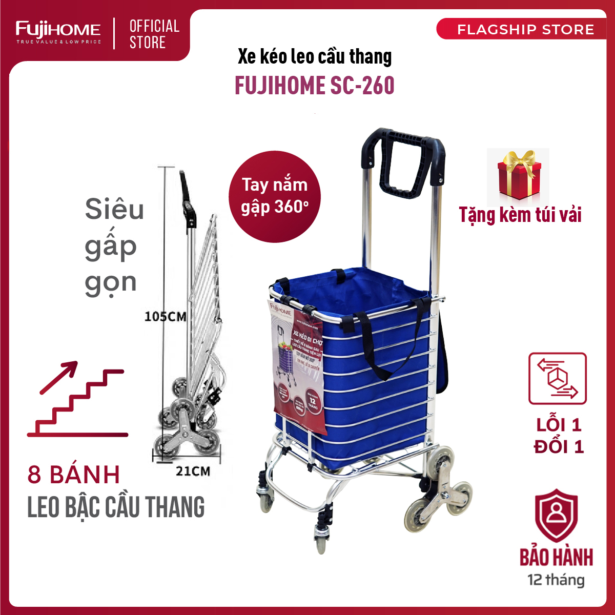 Xe đẩy hàng đi chợ siêu thị leo cầu thang gấp gọn đa năng FUJIHOME SC-260