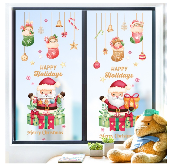 Decal dán tường trang trí - 2 ông già noel ngồi trên hộp quà dễ thương