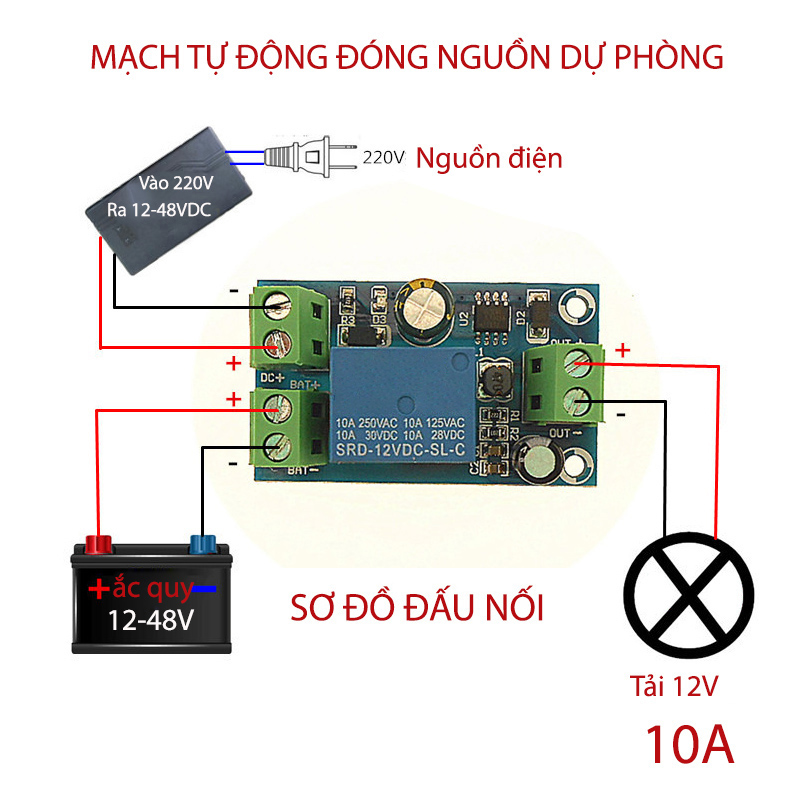 Module mạch tự động đóng nguồn dự phòng X804 12-48VDC 10A, có độ trễ