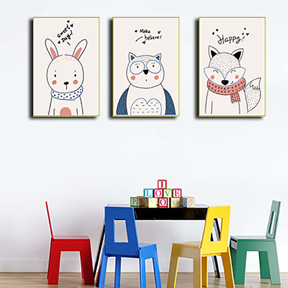 Bộ 3 tranh canvas trang trí phòng trẻ em Thỏ, Gấu và Cáo cute - TTE013