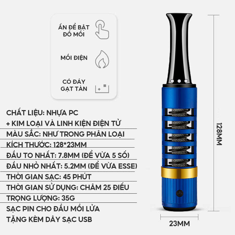 Tẩu Đựng Kiêm Gạt Tàn Sạc Pin Tặng Kèm Dây Sạc Usb