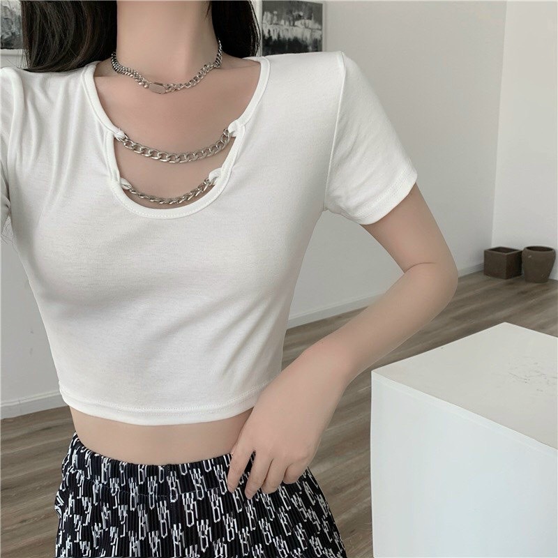 Áo croptop ôm tay ngắn kiểu dáng basic chất vải dày dặn đen trắng xám cá tính sexy