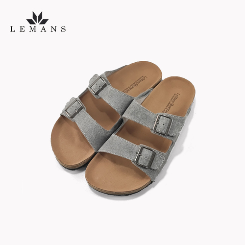 Dép Da Nubuck xám Đế Trấu Quai Ngang LEMANS May Sandals - Grey. Đế 2.5cm Quai điều chỉnh Da bò cao cấp. Bảo hành 6 tháng