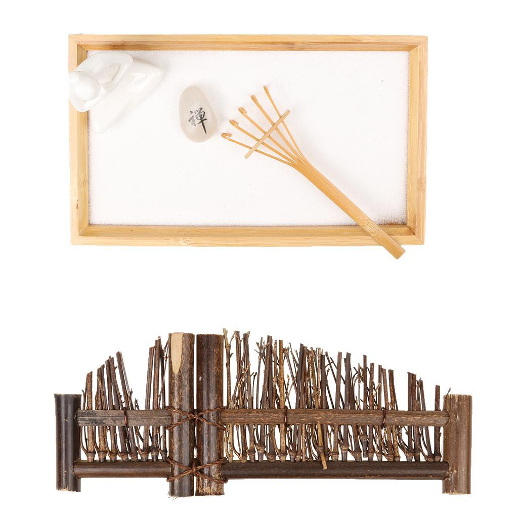 Zen Garden Sand Tray Buddha Stone Rake Bamboo Tray Home Room Ornament #1