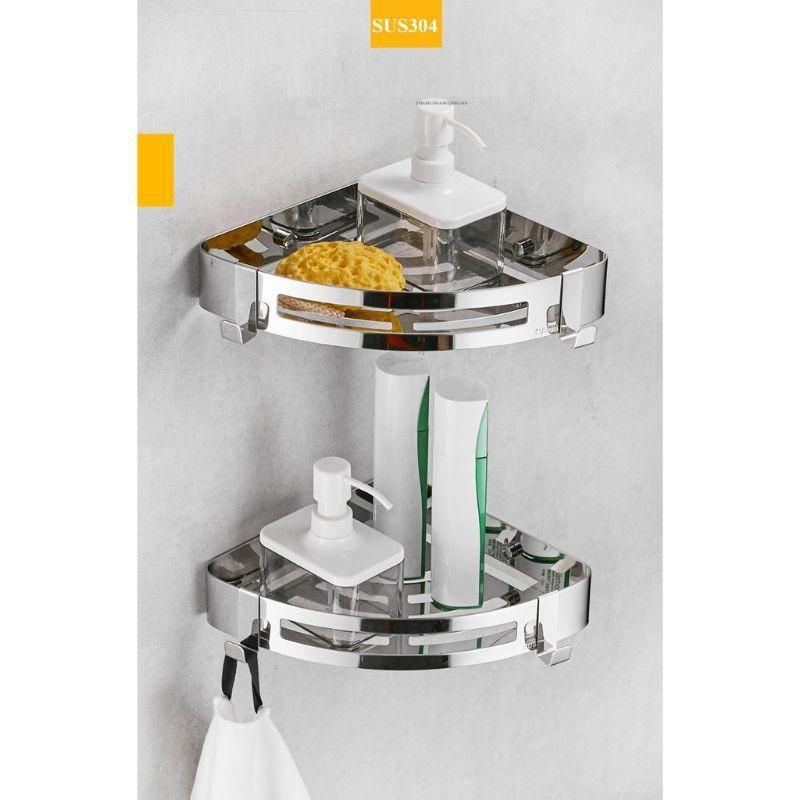 Kệ góc nhà tắm inox 304 có 2 móc treo đồ,shop tặng kèm keo dán tường, miếng dán