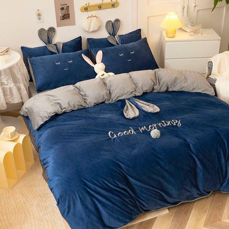 Bộ Chăn Ga Gối Nỉ Nhung Tai Thỏ 4 Món
