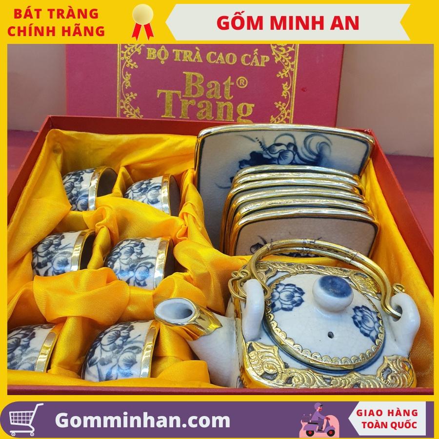 Bộ ấm trà giả cổ Gốm sứ Bát Tràng dáng ấm vuông bọc đồng vẽ hoa sen- Gốm Minh An- Ấm trà đẹp