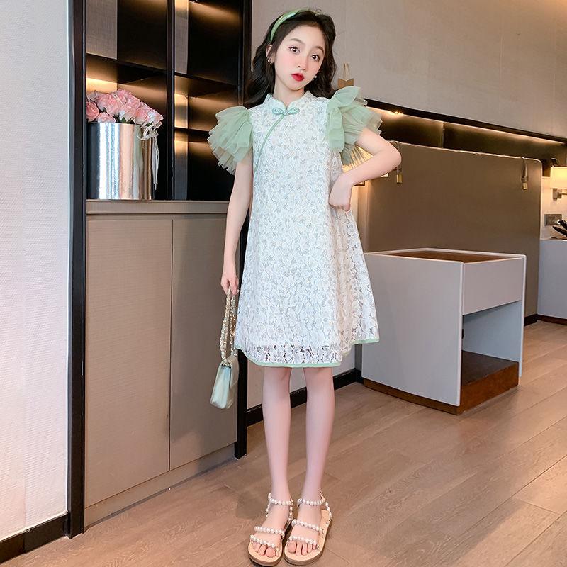 SHUANGYAN Đầm sườn xám cho bé gái Trang phục mùa hè 2023 Phong cách phương Tây Thời trang Hanbok váy công chúa cho bé gái váy mùa hè