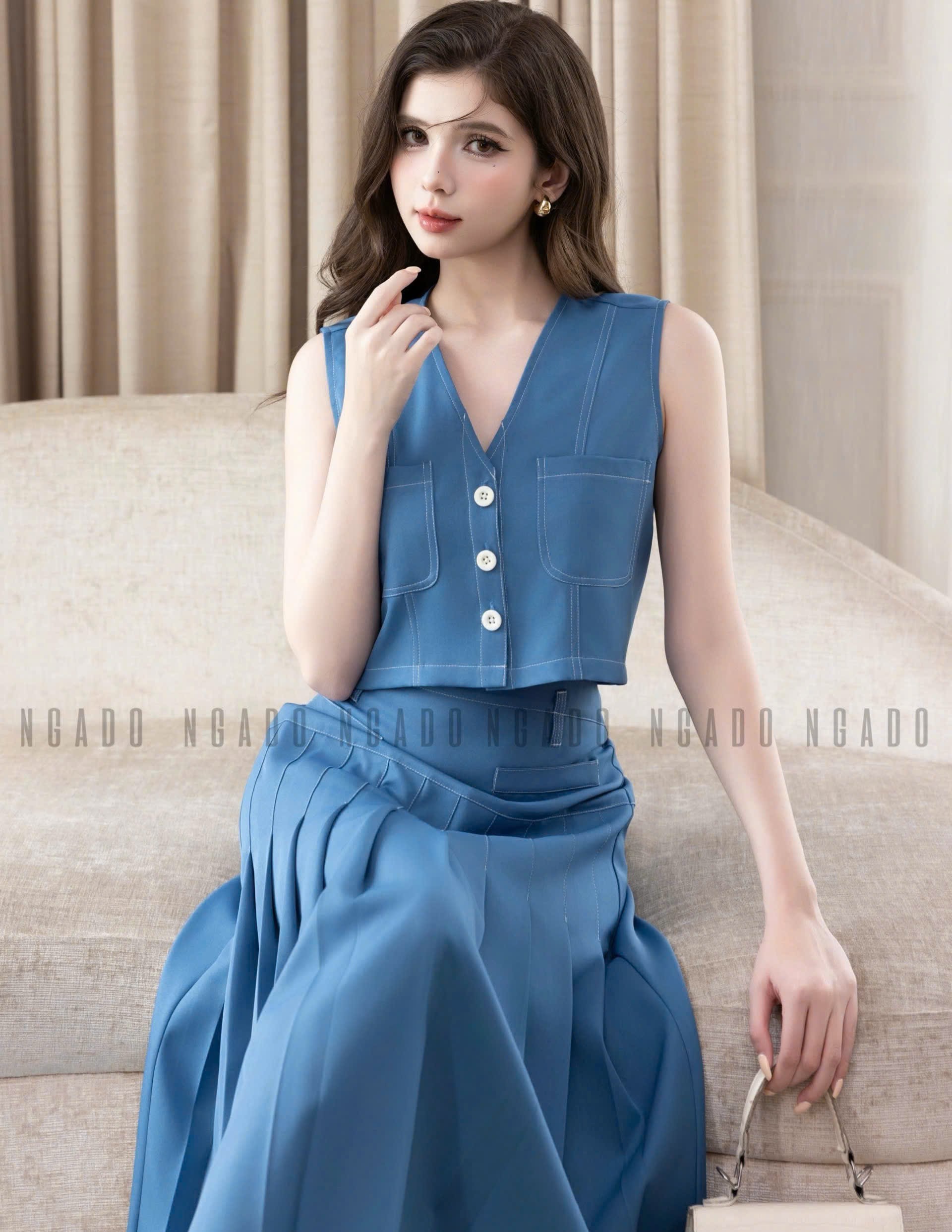 Set áo váy gile xanh xếp ly NGADO, set áo váy Nữ , set công sở , set áo váy midi