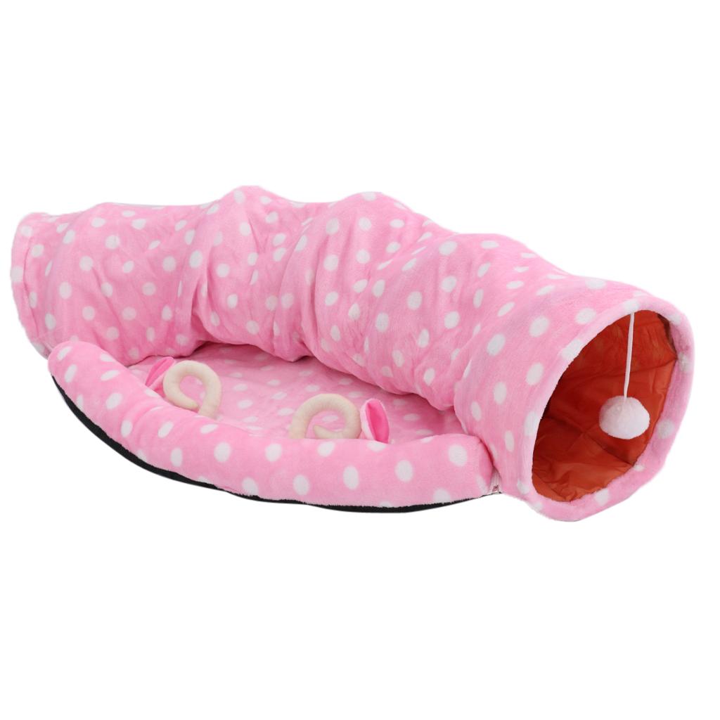 Foldable Cat Tunnel Bed-Kitten Indoor Playing Funny Toy Hanging Fluffy Ball Pink