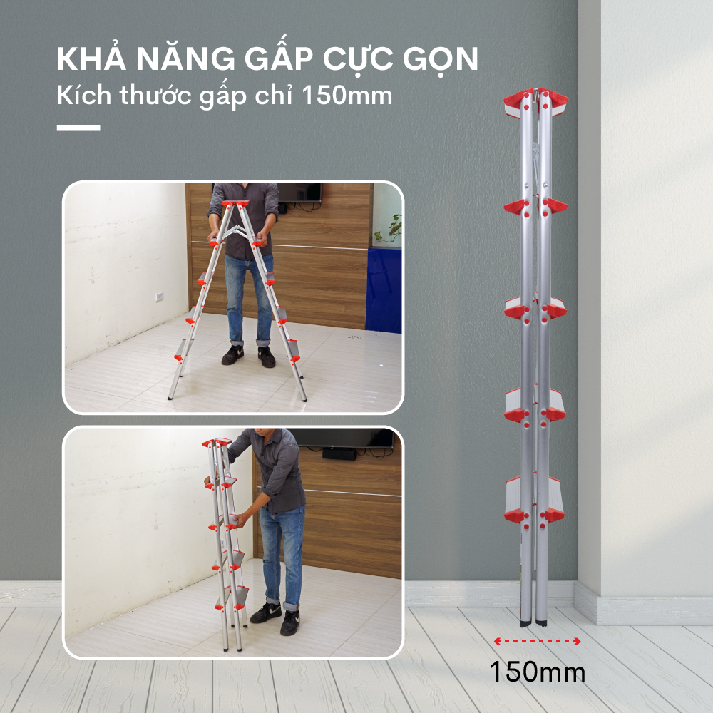 Thang nhôm gấp chữ A 5 bậc cao 1,23 mét FUJIHOME DL205, thang ghế nhôm xếp gọn gia đình