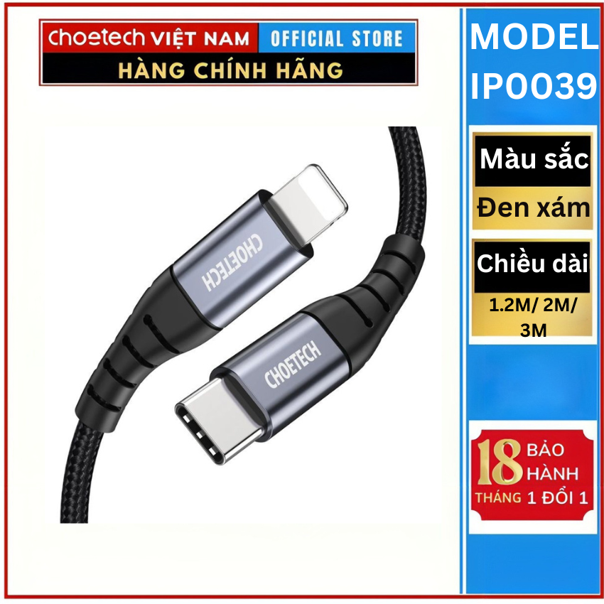 Cáp sạc Choetech IP0039 nhanh Type C to L chuẩn MFI Series (Hàng chính hãng)
