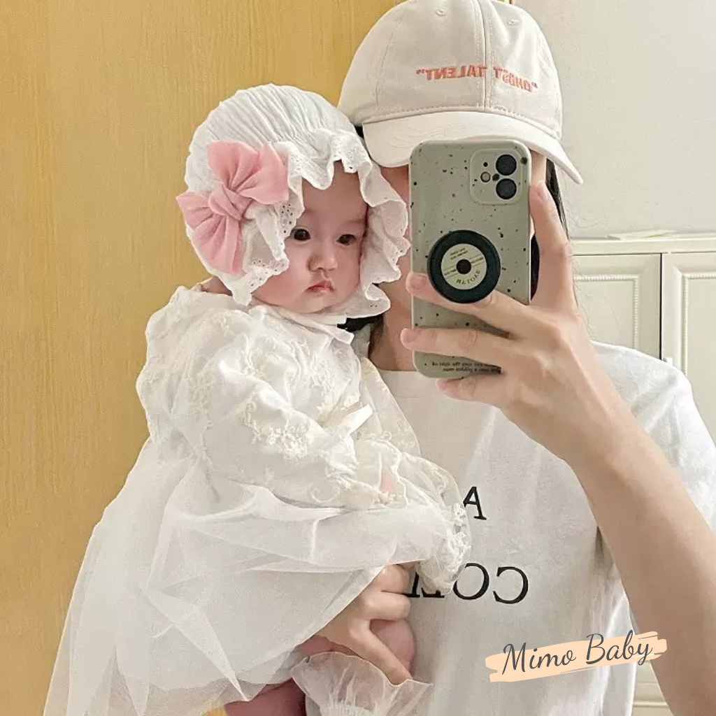 Mũ nón tiểu thư vải đũi đính nơ hồng xinh xắn cho bé gái MTT245 Mimo Baby