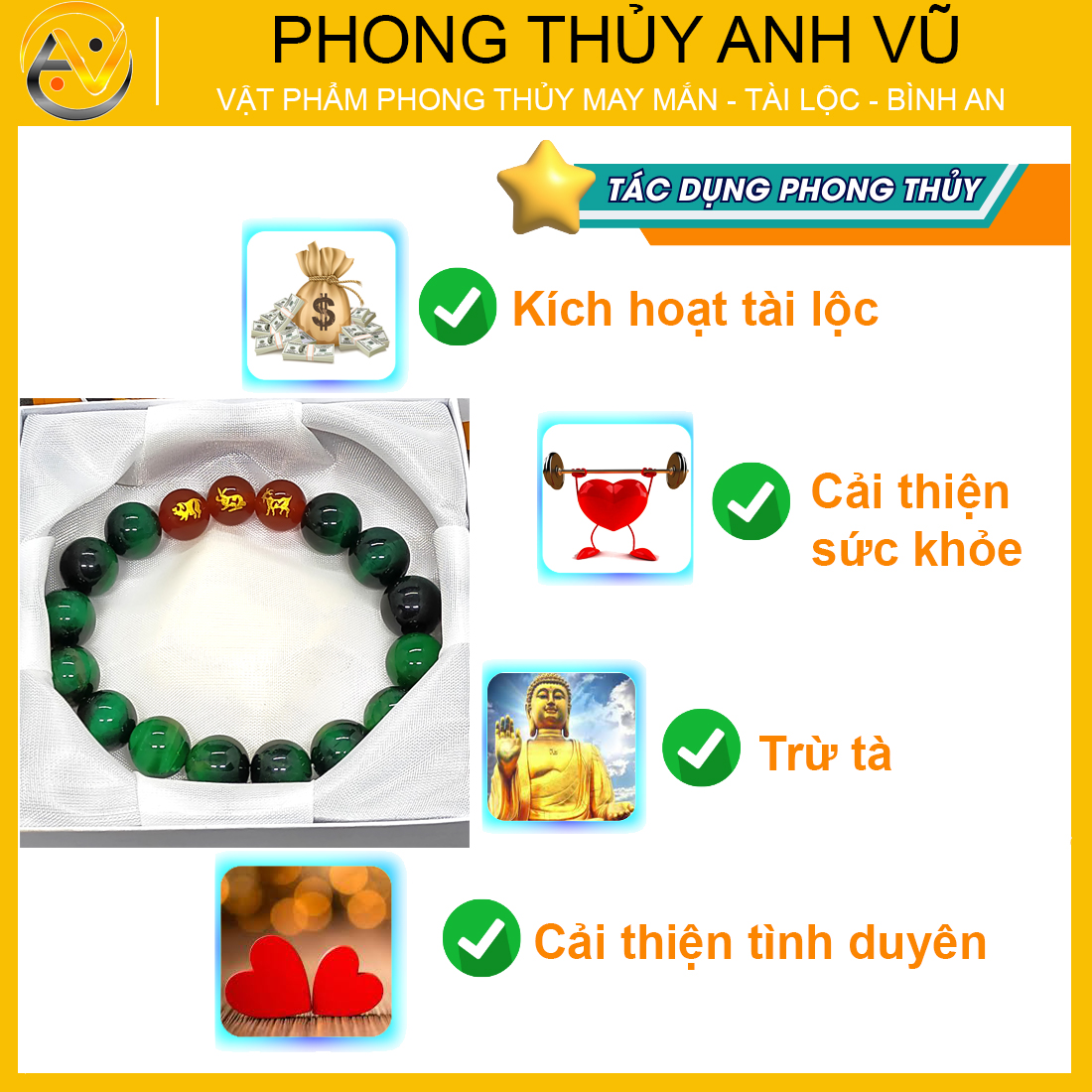 Vòng tam hợp quý nhân hợi mão mùi đá khai quang- chất liệu mắt hổ tự nhiên - size 8 10 12ly - may mắn tài lộc - Vòng Tam Hợp Anh Vũ