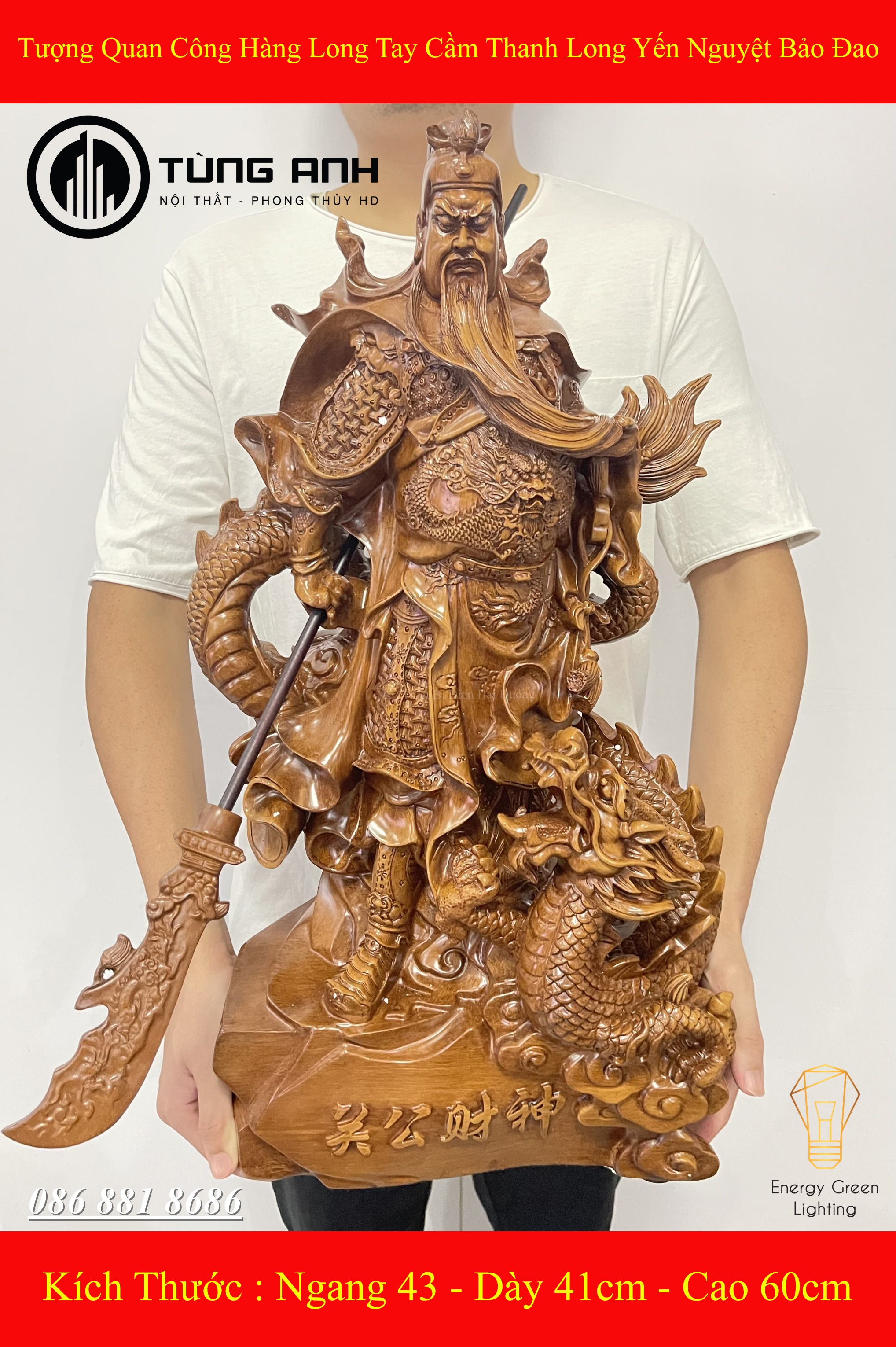 Tượng Quan Công Hàng Long Tay Cầm Thanh Long Yển Nguyệt Bảo Đao PT-22 - Mang Lại Sự May Mắn ,Tài Lộc,Bình An - Cao 60cm - Có Video