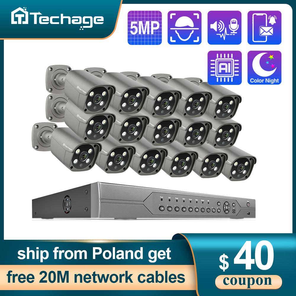 Techage 16CH 5MP POE NVR Kit Hệ thống camera an ninh Âm thanh hai chiều H.265 Camera IP AI Camera ngoài trời Bộ giám sát video camera quan sát P2P Ổ cứng tích hợp: Không có