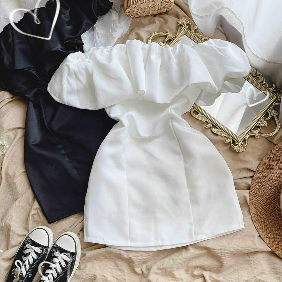 Đầm body trễ vai ngắn tay bồng váy babydoll ôm phối nhún ngực bánh bèo sexy dễ thương HIJUNE VD07