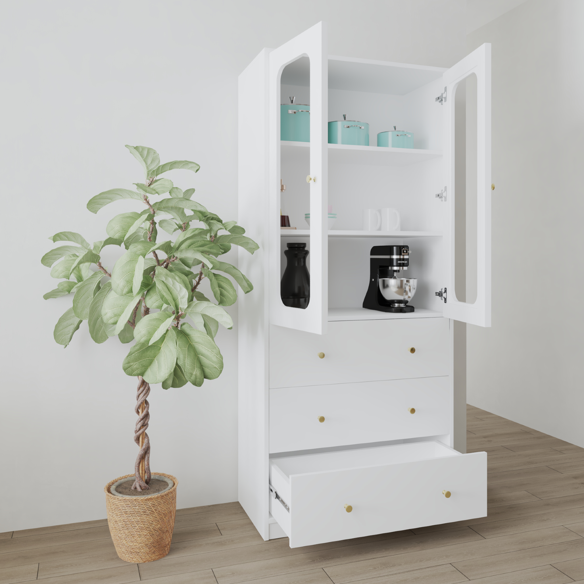 HAPPY FURNITURE , Tủ lưu trữ 2 cửa kính 3 ngăn kéo - NOAH , TCM_270 , 80cm x 40cm x 180cm DxRxC