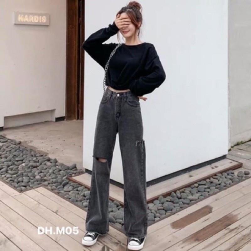 Quần bò nữ ống xuông cạp cao, quần jeans nữ Hàn Quốc