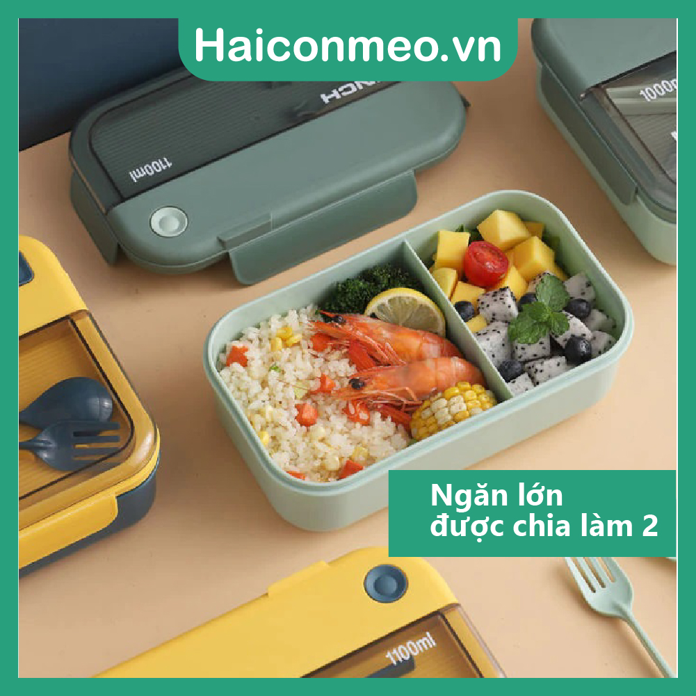 Tặng sticker Hộp Cơm LUNCH BOX Nhựa Dẻo PP Có 2 Ngăn Và Nắp Kèm Đũa Muỗng 1100ml