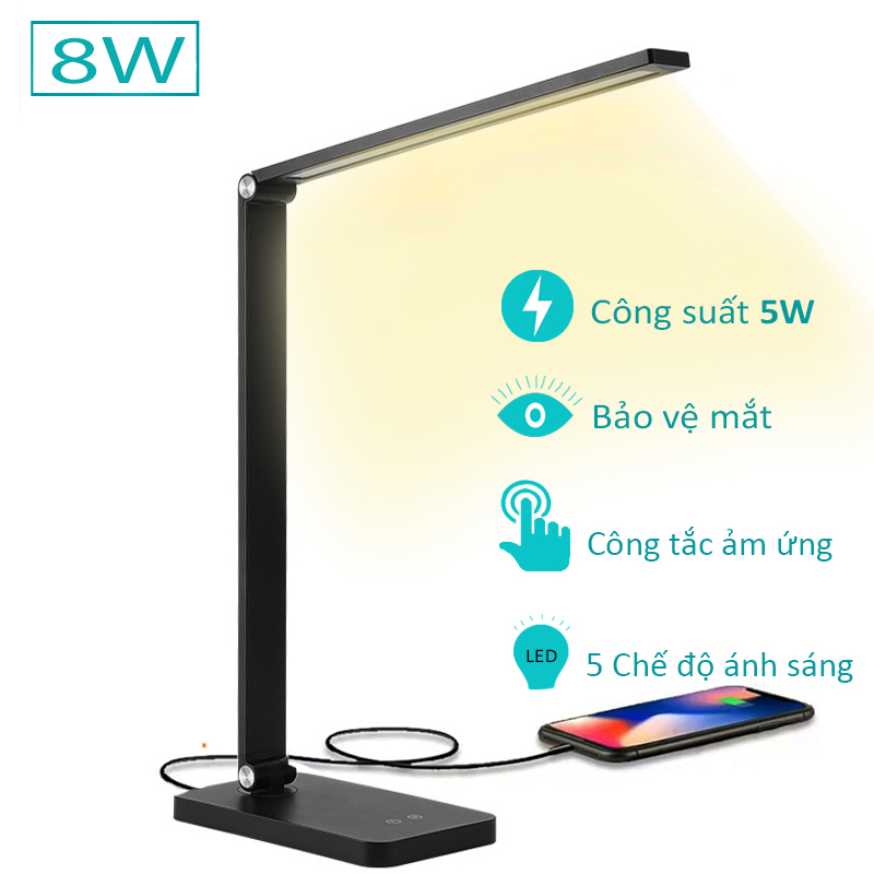 Đèn bàn học đọc sách cảm ứng LED 8W, 5 Chế độ sáng, Có cổng sạc USB 5V.1A