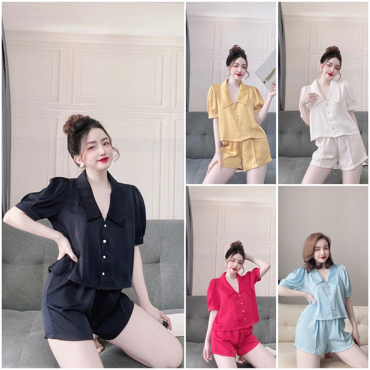 [5 màu] Bộ nữ mặc nhà - Bộ Sen Nhọn Tay Ngắn Quần Ngắn Lụa LATIN Đẹp, Mát, Ít Nhăn, Đường May Đẹp-SN003N - HELI