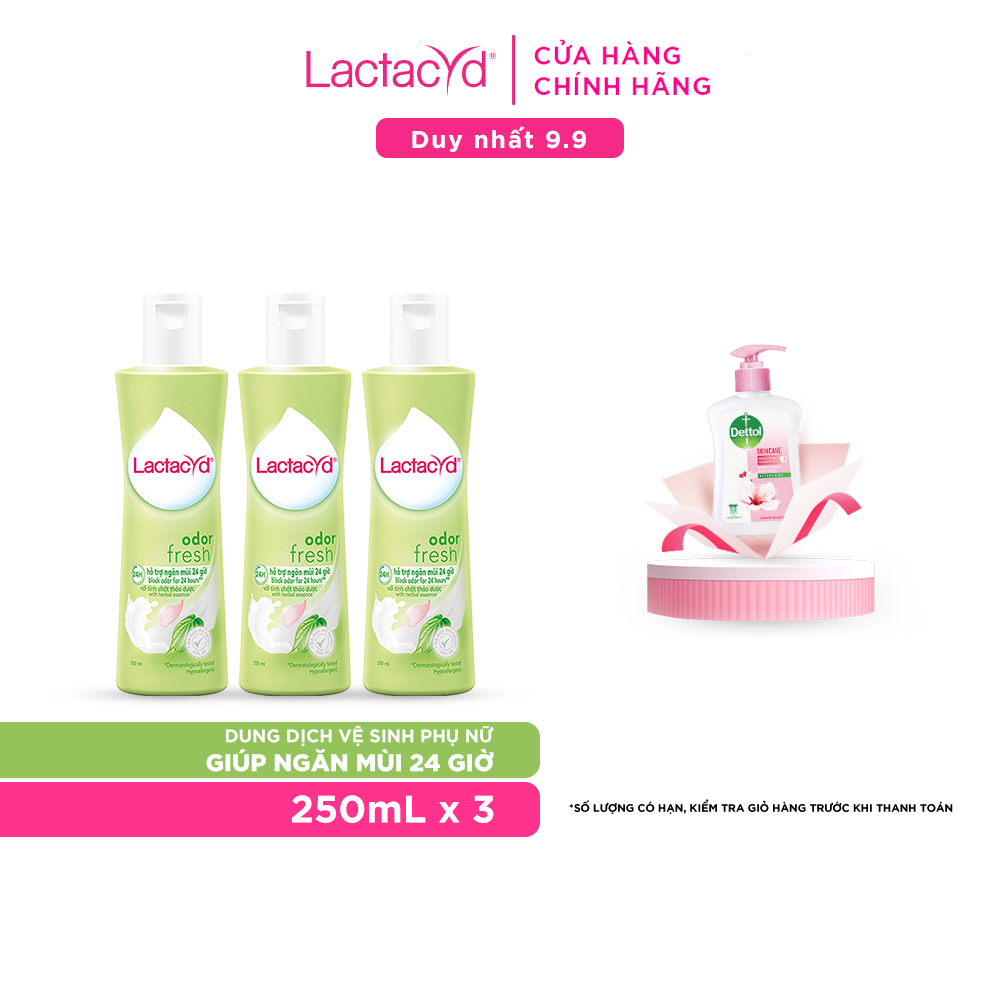 Bộ 3 chai Dung Dịch Vệ Sinh Phụ Nữ Lactacyd Odor Fresh Ngăn Mùi 24H 250ml/chai