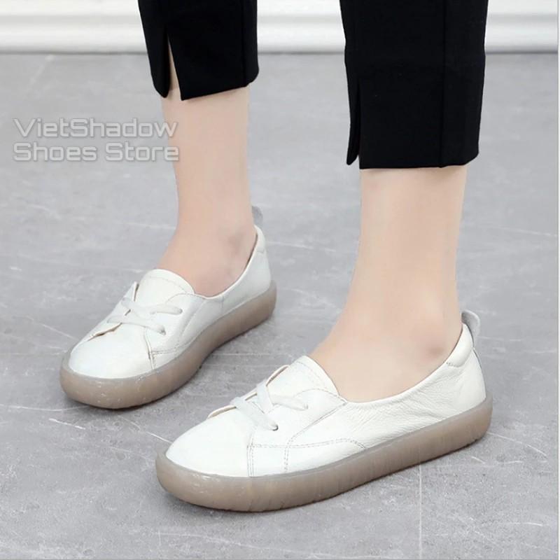 Slip on da nữ - Giày lười da nữ dáng bè - Chất liệu da thật 3 màu (be), (trắng) và (đen) - Mã 525