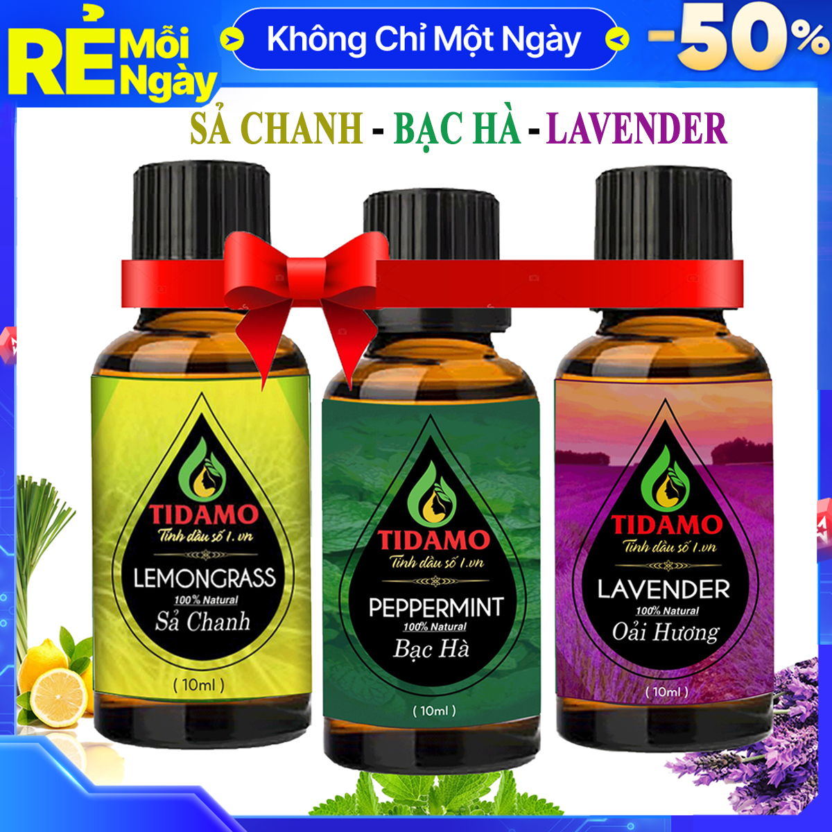 Combo 3 Tinh Dầu Sả Chanh + Tinh Dầu Bạc Hà + Tinh Dầu Oải Hương (Lavender) - Tinh Dầu Xông Phòng Nguyên Chất Giúp Thư Giãn, Đuổi Muỗi Và Thơm Phòng (3 chai 10ML)