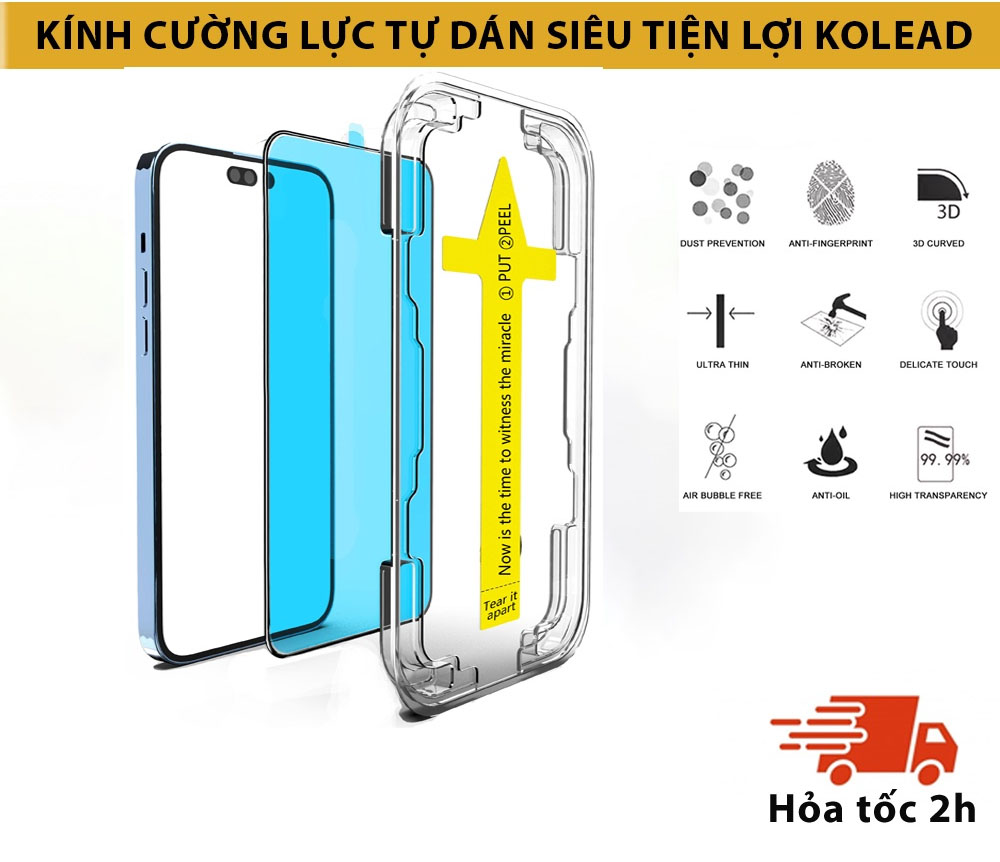 Kính cường lực iPh TC khung tự dán, độ cứng 9H dán full màn hình KOLEAD chống xước không cấn, chống bụi - Hàng chính hãng