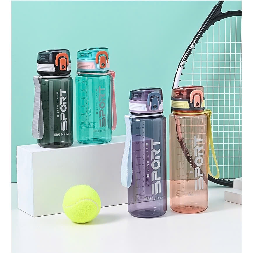 Bình Nước Nhựa Thể Thao 650ml, Dây Xách Tiện Lợi, Bình Nhựa Tập Gym, Chạy Bộ