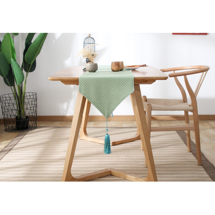 Khăn trải bàn table runner vải bố - Chấm bi xanh lá mạ - mẫu C04