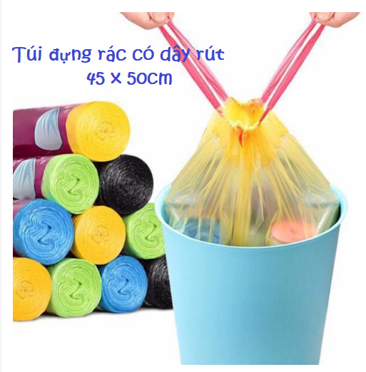 Túi đựng rác có quai xách tiện lợi 45x50cm, túi rác có dây rút tự phân hủy GD588-TuiRacDR