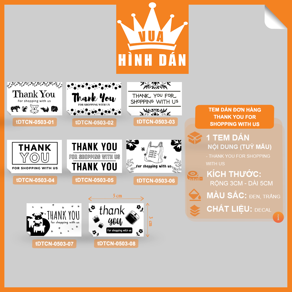 Set 50/100 sticker THANK YOU FOR SHOPPING WITH US tem dán gói hàng, hộp sản phẩm