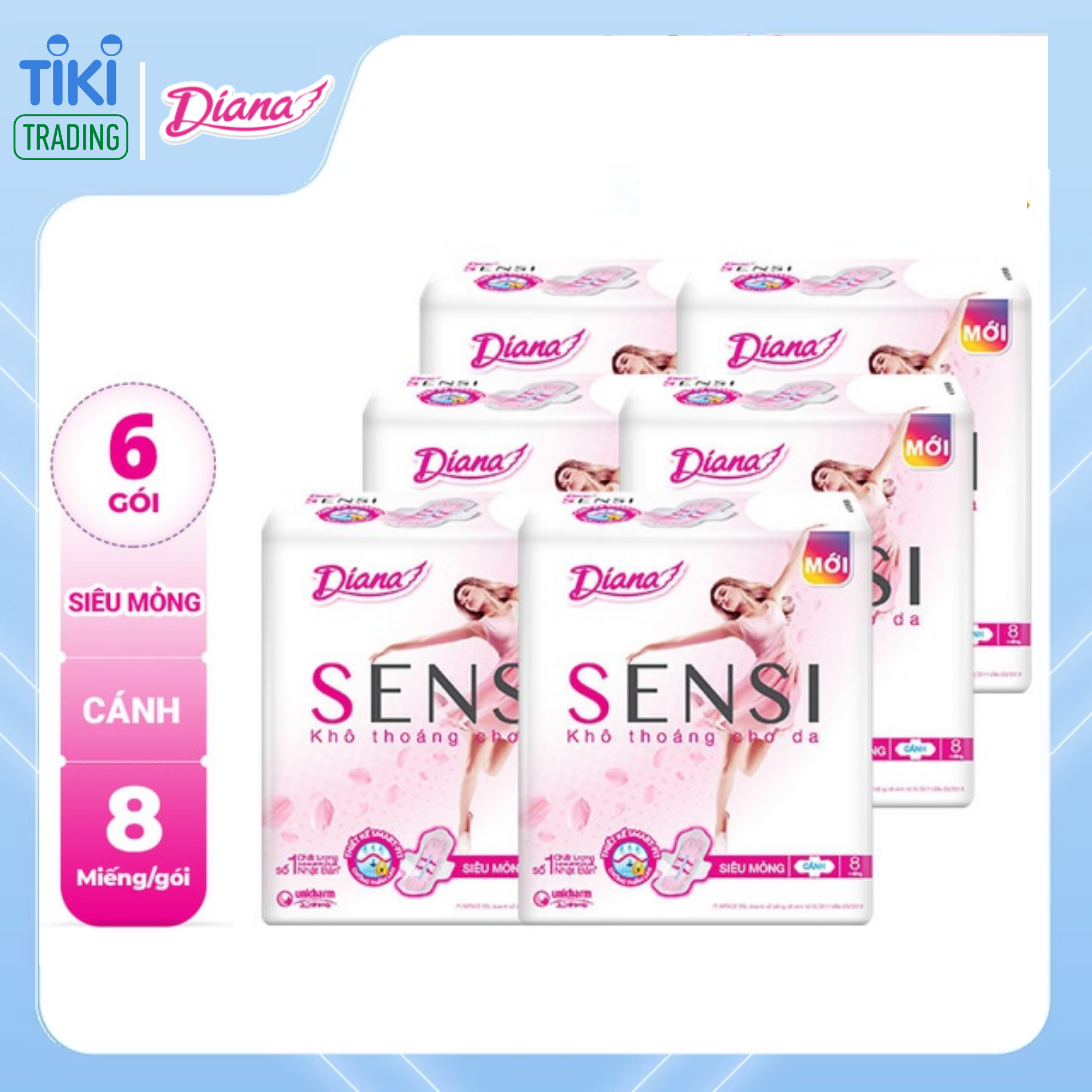 Combo 6 Băng vệ sinh Diana Sensi Siêu Mỏng Cánh (Gói 8+1 miếng)