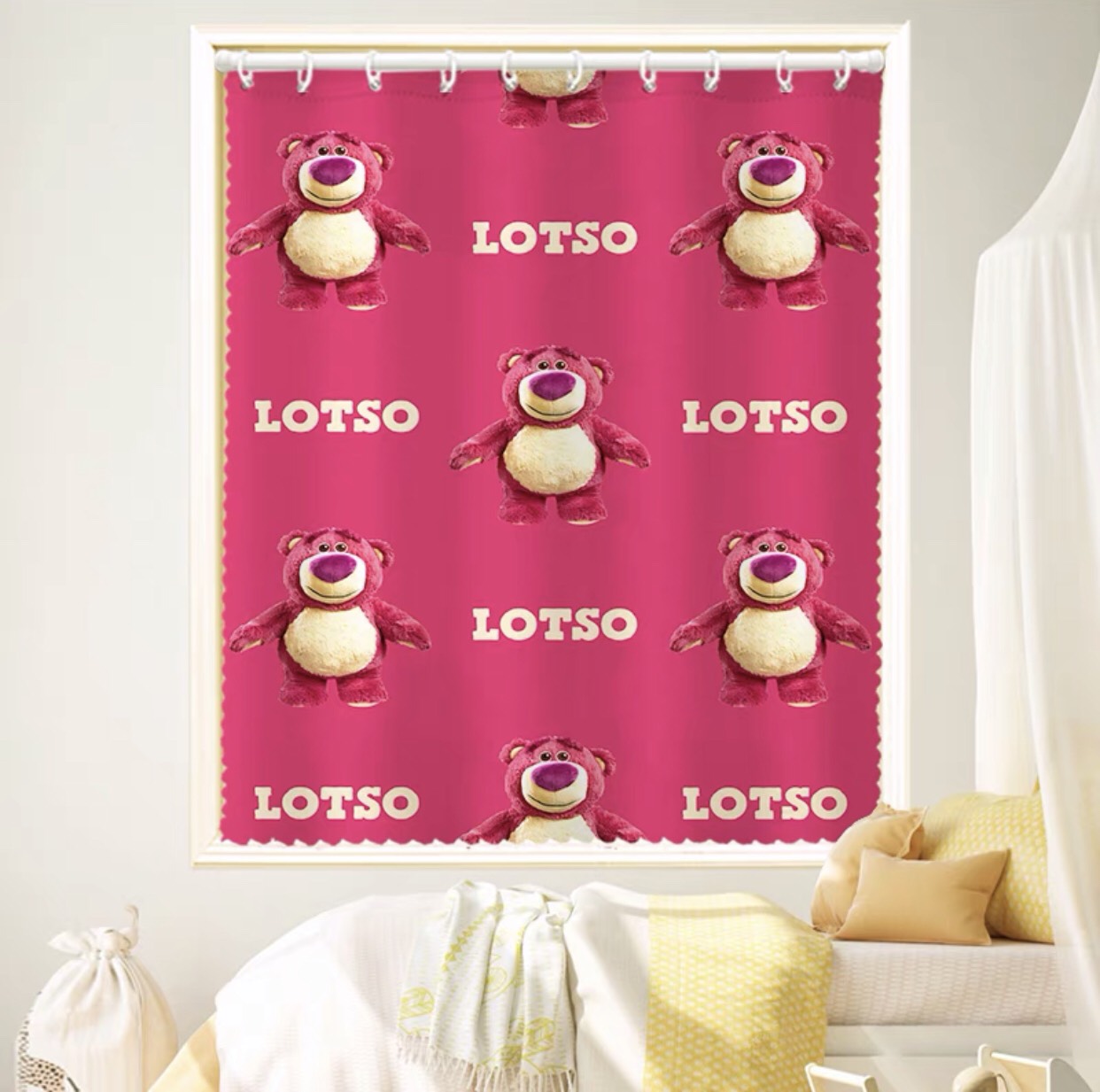 Rèm Khoen Lỗ, Khoen Ri đô, Rèm Dán Tường Mẫu GẤU LOTSO HỒNG Chống Nắng Tốt, Nhiều Size