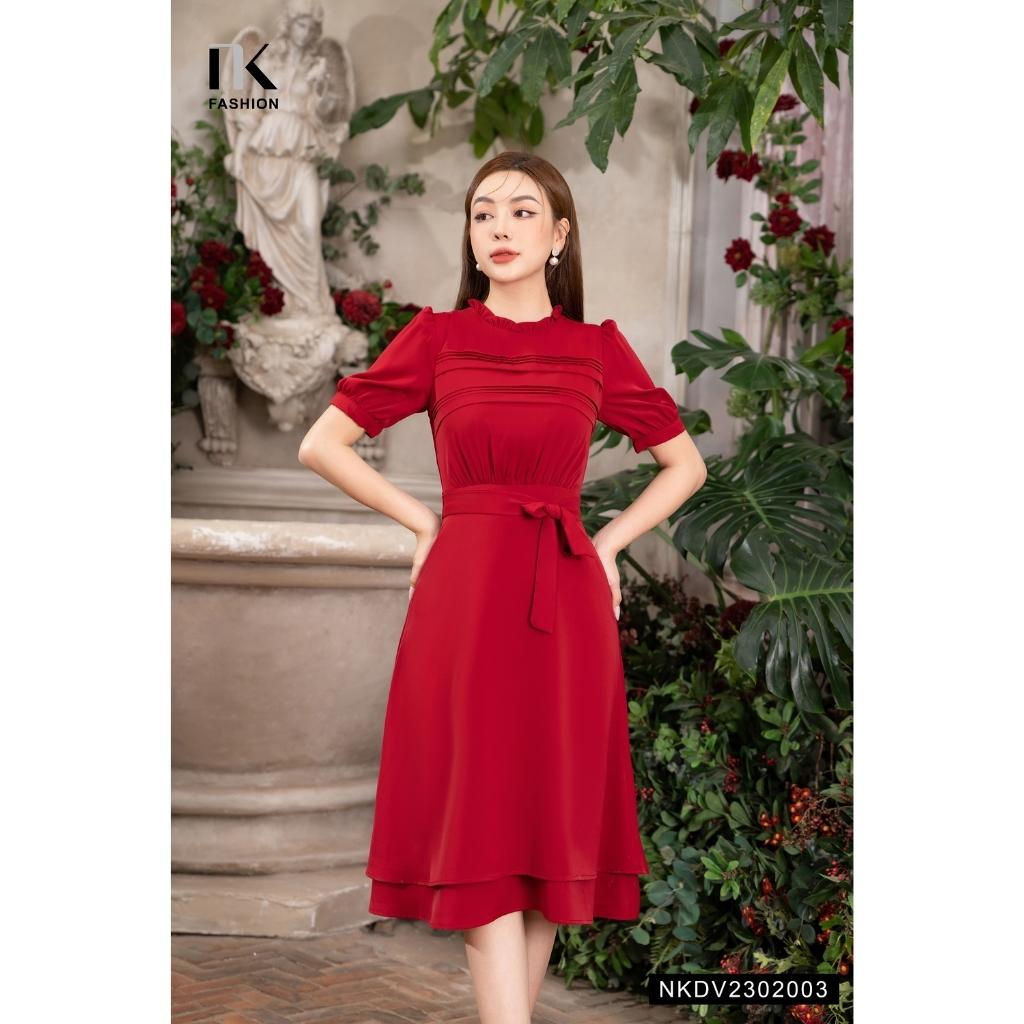 Đầm Xòe NK FASHION Thiết Kế Cổ Nhún Tay Bồng Nữ Tính Chất Vải Nhập Hàn Dày Dặn Cao Cấp NKDV2302003